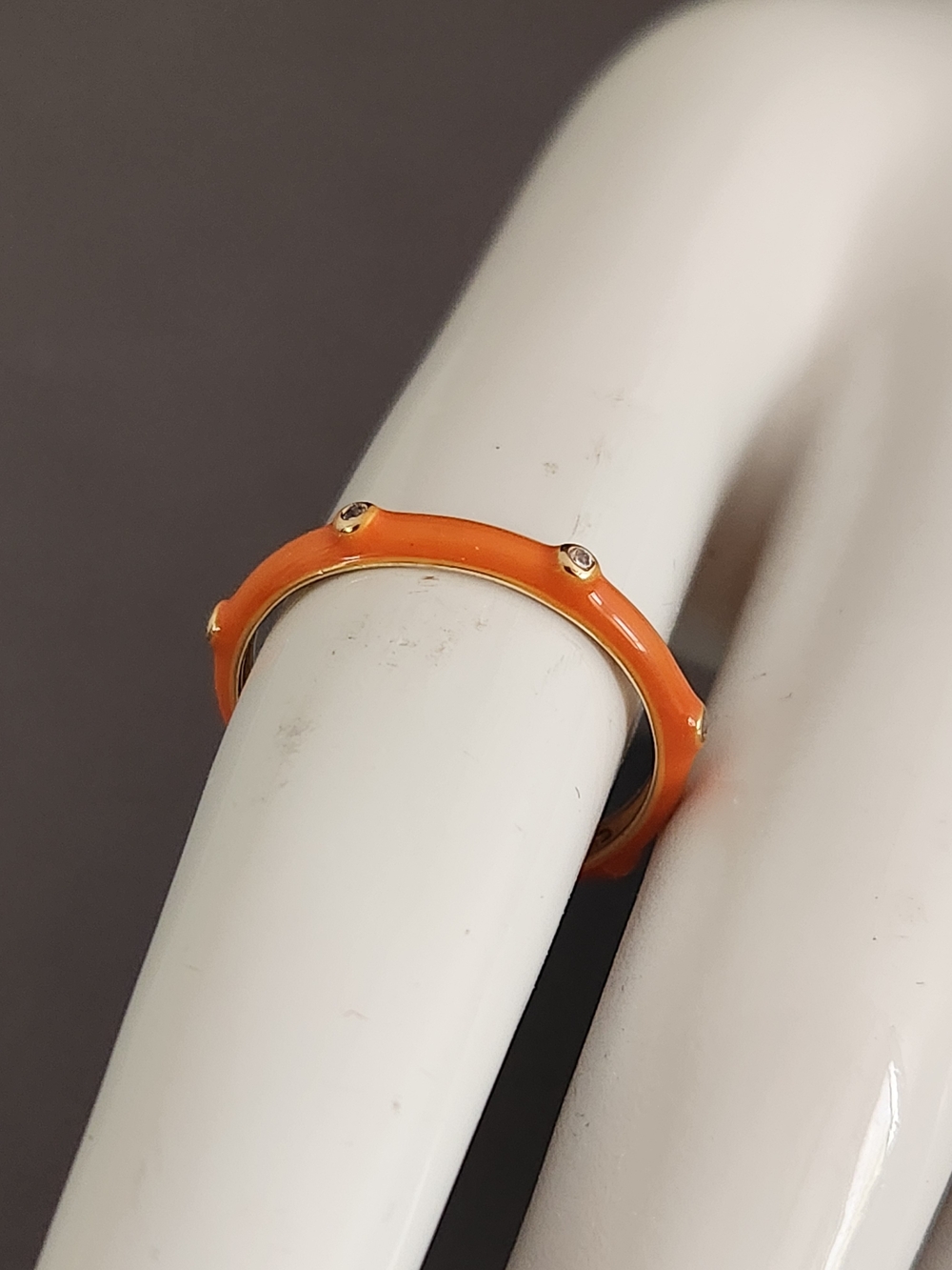 Orange Enamel Dome Ring with Gold And Crystal Accents